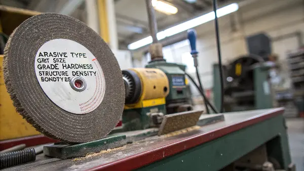 A close-up of a grinding wheel showing its specification code.