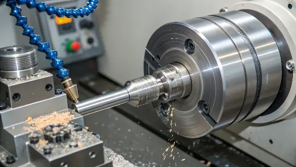 Close-up of a grooving tool cutting a channel into a rotating metal part