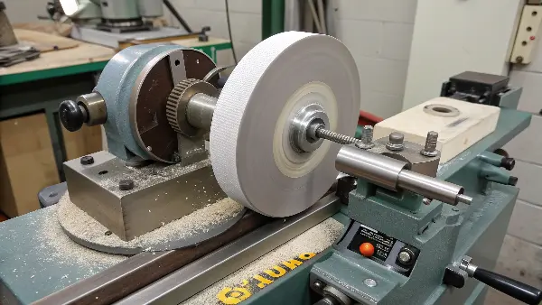 Close-up of the work rest blade, grinding wheel, and regulating wheel alignment