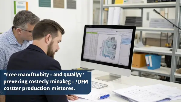 DFM Analysis for CNC Machining An engineer's computer screen showing a 3D model with DFM analysis callouts.