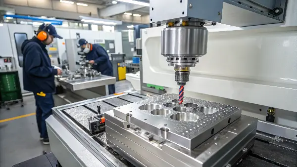 A close-up of a CNC machine cutting a shiny stainless steel part with coolant spray.