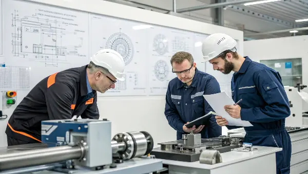 Dedicated CNC Machining Partner Two engineers collaborating over a technical drawing and a machined part