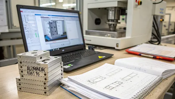 A 2D engineering drawing with callouts for tolerances, surface finish, and material specifications.