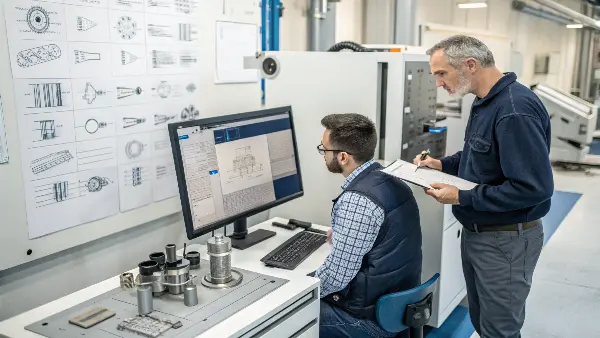 Complimentary CNC Machining Services A CNC machine in operation with an engineer reviewing plans in the foreground.
