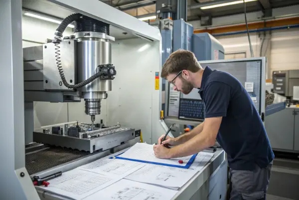 CNC Machinist Salary and Skill A skilled CNC machinist carefully inspecting a complex metal part next to their machine.