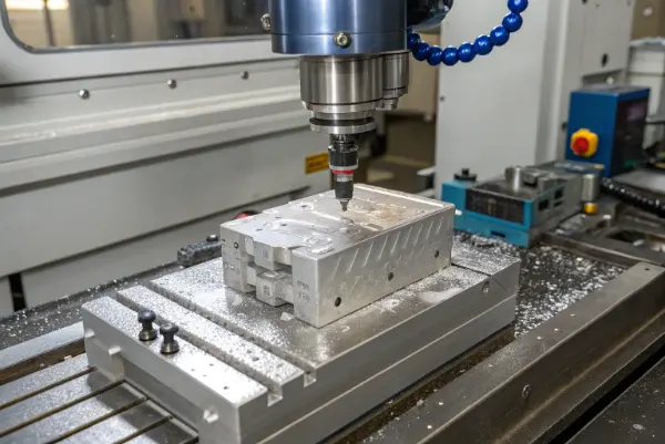 CNC Machining 6061 Aluminum A CNC machine milling a block of 6061 aluminum with chips flying off