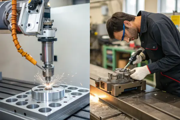A comparison of a CNC machine and a manual lathe in a workshop