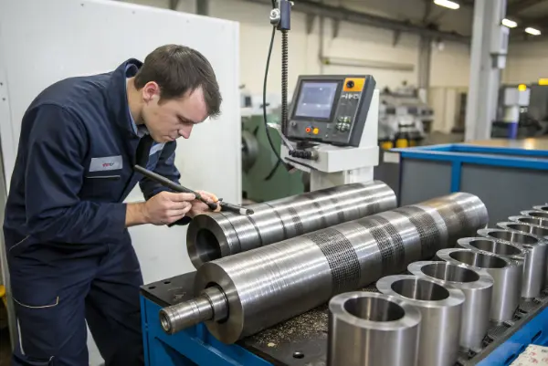 Precision ground metal rods being measured with a digital caliper
