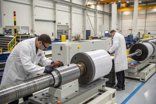 A close-up of a centerless grinding machine processing a high-precision aerospace shaft