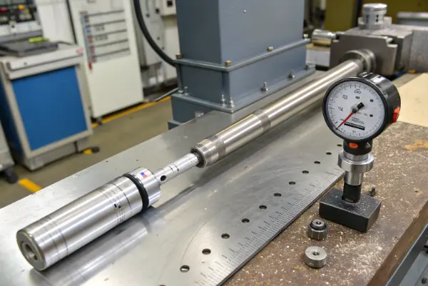 A long metal shaft being measured for cylindricity on a surface plate