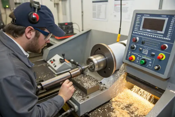 Centerless Grinding Hardened Steel A close-up of a centerless grinding machine in operation, showing a hardened steel rod being processed.