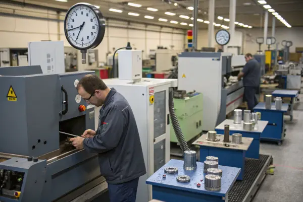 A CNC machine in operation, cutting a metal part