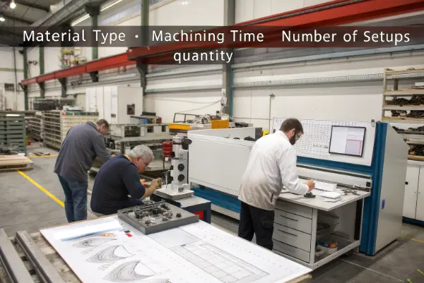 CNC Service Cost Breakdown An engineer reviewing a technical drawing for a CNC part