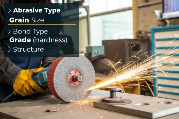 Grinding Wheel Parameters A collection of different grinding wheels with their specification codes visible.