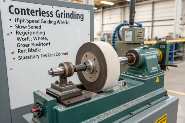 Principles of Centerless Grinding Diagram showing the three-point contact system in centerless grinding with arrows indicating forces.