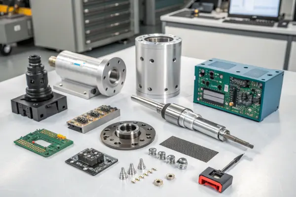 A collection of high-precision parts for aerospace, medical, and robotics industries