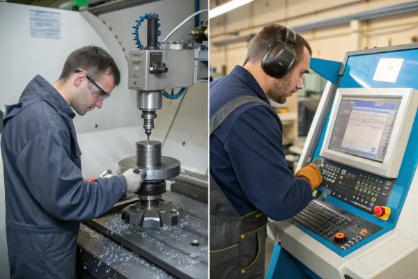 A machinist operating a manual mill next to a CNC control panel displaying G-code
