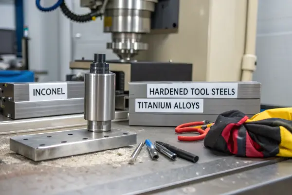 Sparks flying from a cutting tool machining a hard metal