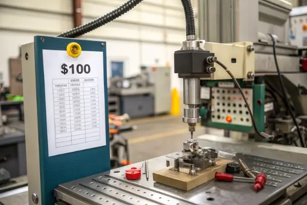 CNC Machine Hourly Rate A close-up of a 5-axis CNC machine in operation
