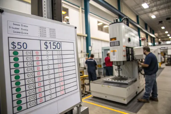 CNC Machine Hourly Rate A close-up of a CNC machine's control panel displaying hourly rate data.
