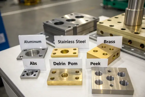 Common CNC Machining Materials An assortment of CNC machined metal and plastic components on a workbench