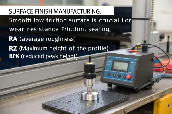 A close-up of a profilometer measuring the surface finish of a metal part