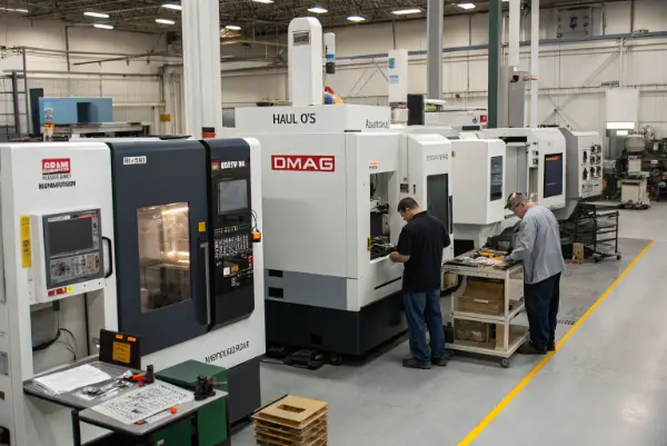 Various CNC Machine Brands A diverse machine shop floor with CNC machines from different brands like Haas, DMG MORI, and Okuma
