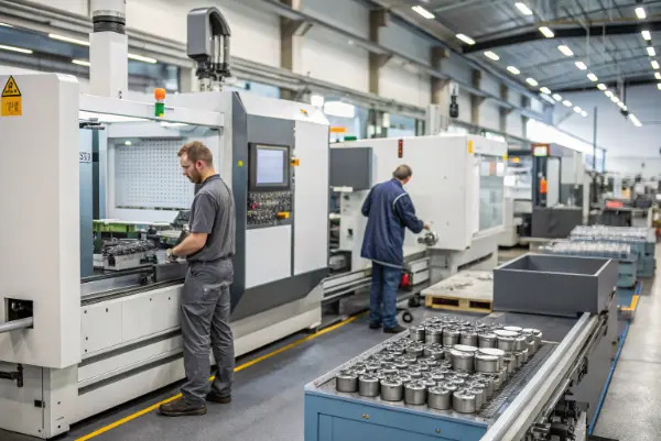 A complex aerospace component being machined on a 5-axis CNC machine