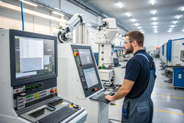 AI and the Future of CNC Machining A futuristic image of a machinist working alongside a holographic AI interface in a modern factory.