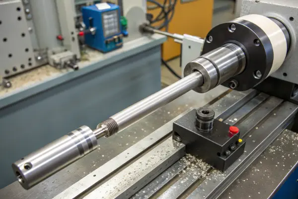 Swiss-style CNC lathe machining a long slender shaft