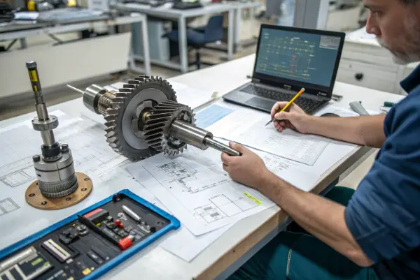 Automotive transmission shaft on inspection table