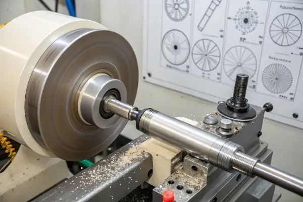 Cylindrical grinding machine finishing a shaft bearing journal
