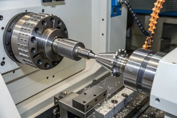 Multi-axis turn-mill machine working on a steel shaft